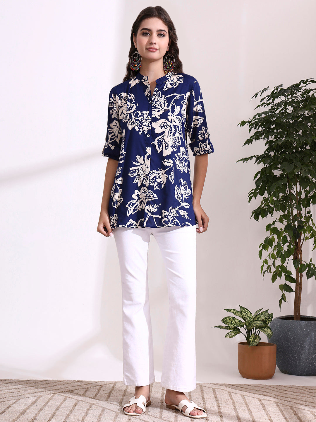 Divena Dark Blue Mandarin Coller Roll Up Sleeves Viscose Rayon Top