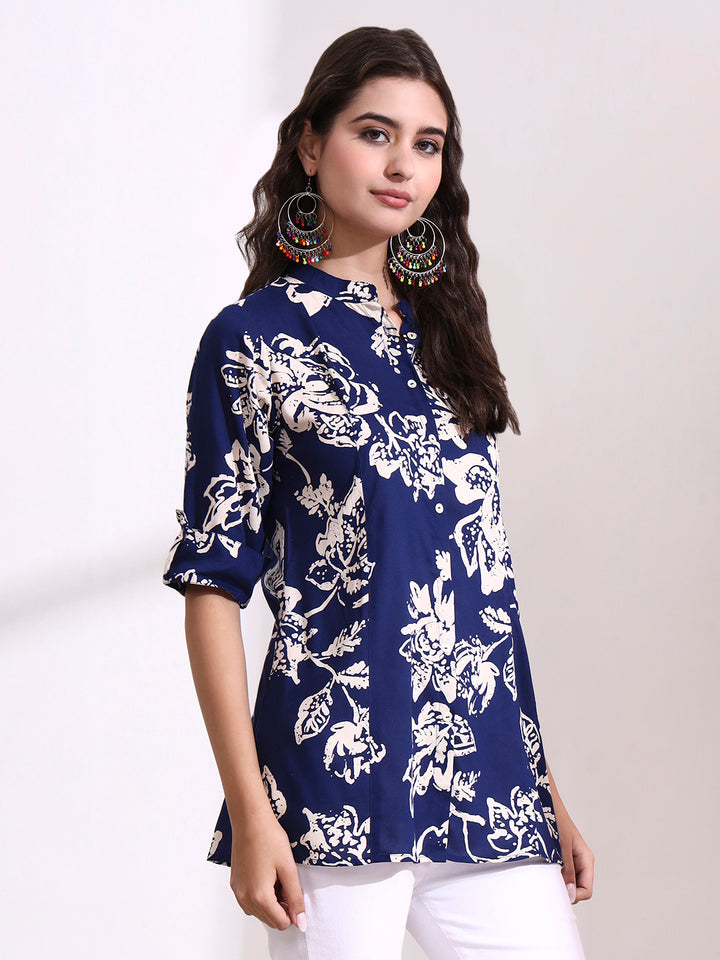Divena Dark Blue Mandarin Coller Roll Up Sleeves Viscose Rayon Top