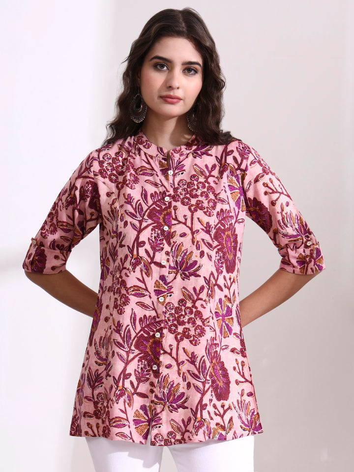 Divena Peach Mandarin Coller Roll Up Sleeves Viscose Rayon Top
