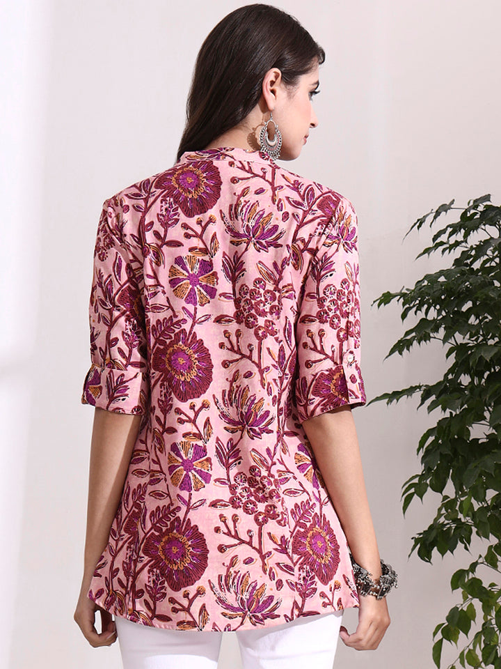 Divena Peach Mandarin Coller Roll Up Sleeves Viscose Rayon Top