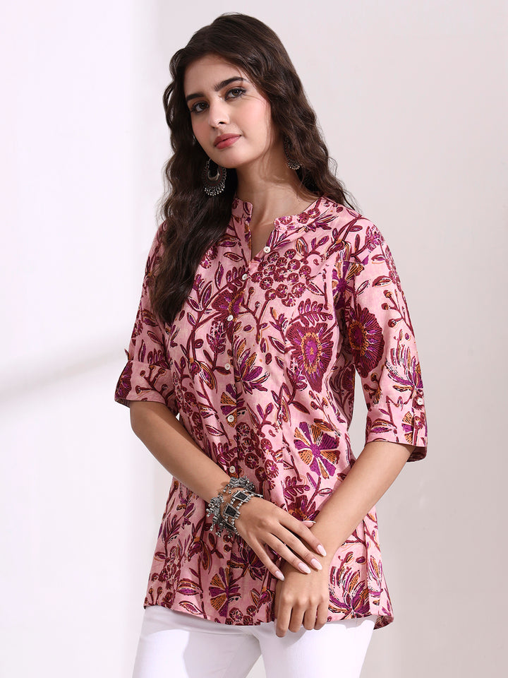 Divena Peach Mandarin Coller Roll Up Sleeves Viscose Rayon Top
