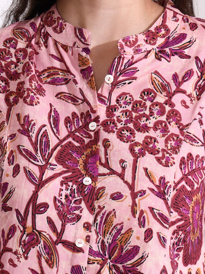 Divena Peach Mandarin Coller Roll Up Sleeves Viscose Rayon Top