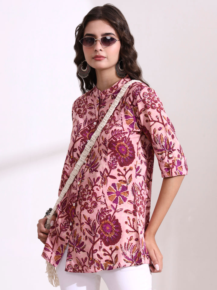 Divena Peach Mandarin Coller Roll Up Sleeves Viscose Rayon Top