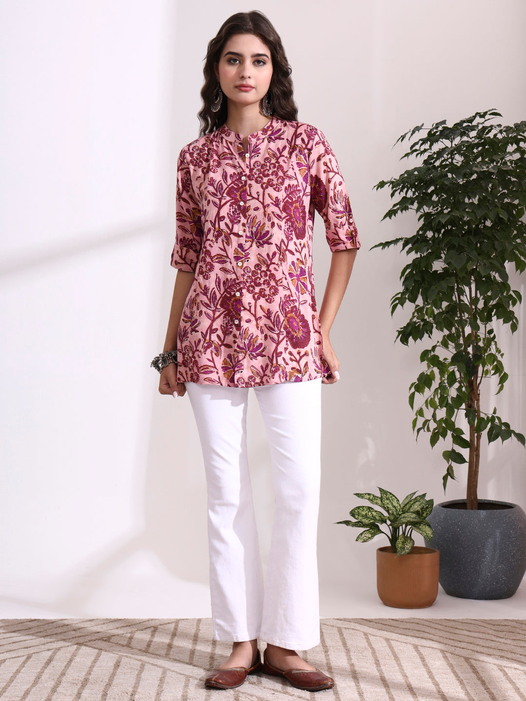 Divena Peach Mandarin Coller Roll Up Sleeves Viscose Rayon Top