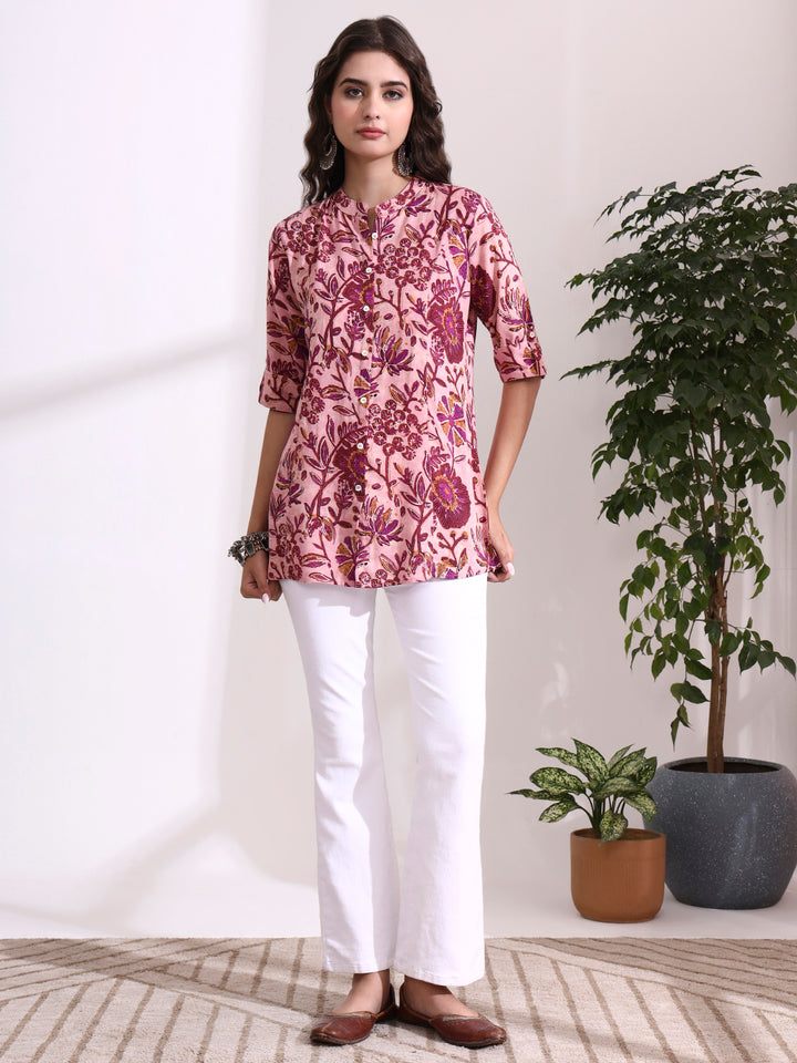 Divena Peach Mandarin Coller Roll Up Sleeves Viscose Rayon Top