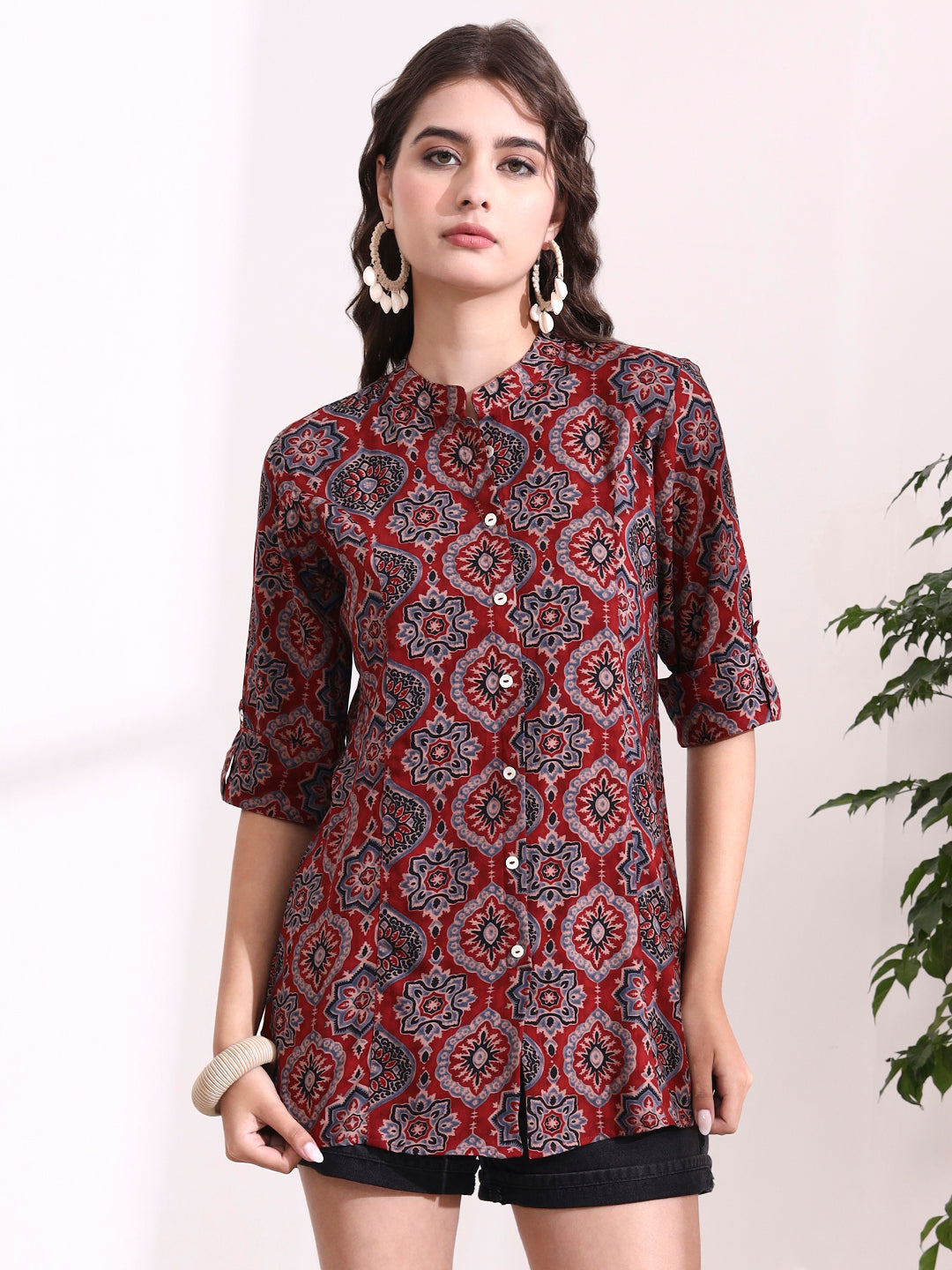 Divena Red Mandarin Coller Roll Up Sleeves Viscose Rayon Top