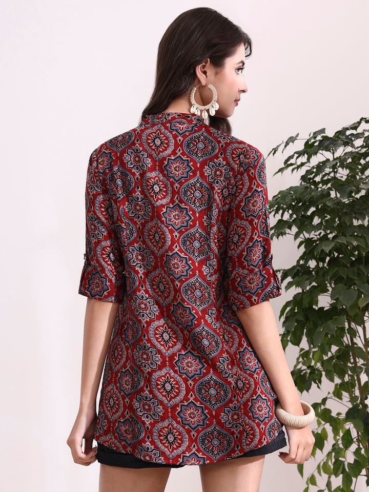 Divena Red Mandarin Coller Roll Up Sleeves Viscose Rayon Top