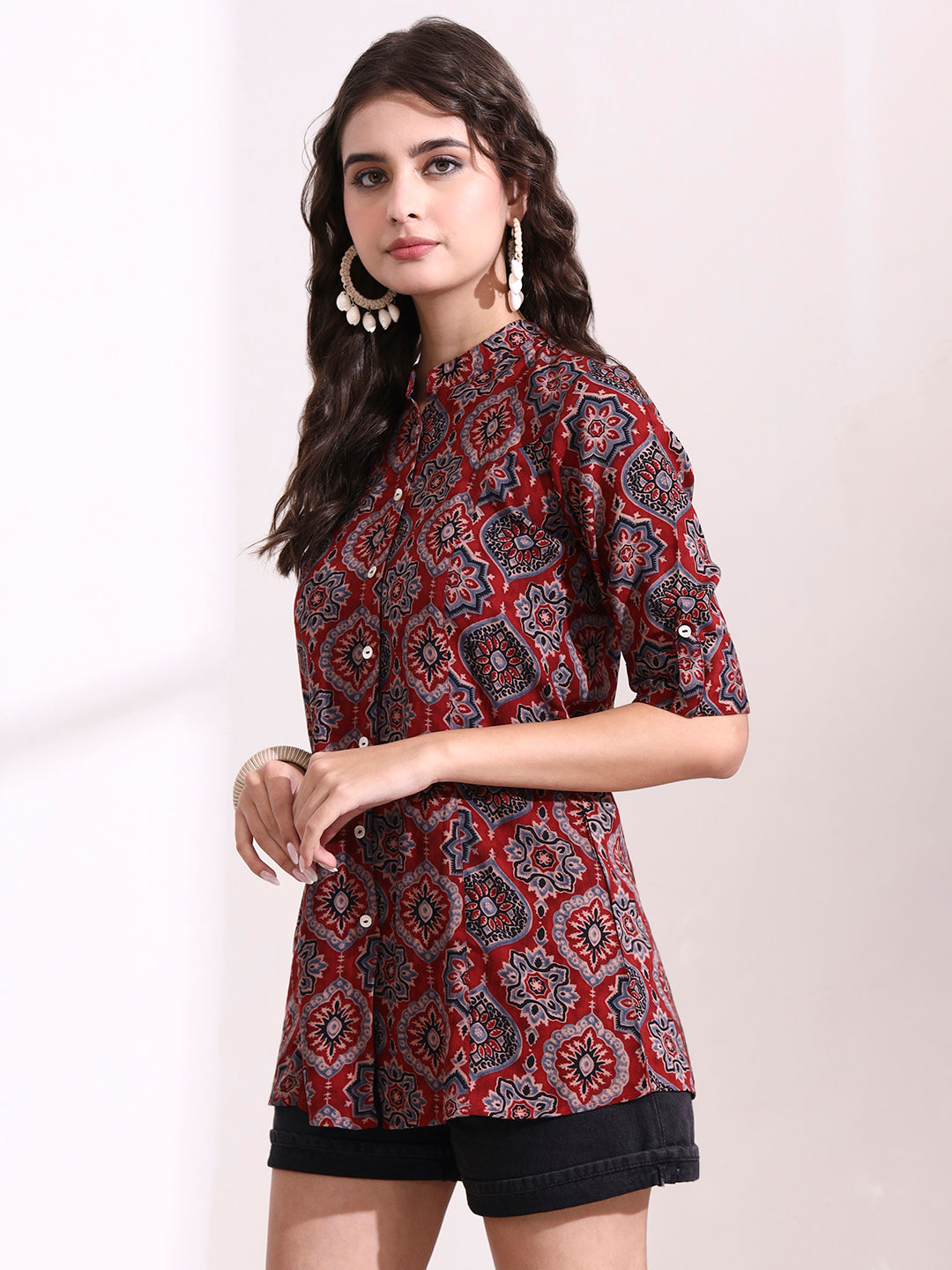 Divena Red Mandarin Coller Roll Up Sleeves Viscose Rayon Top