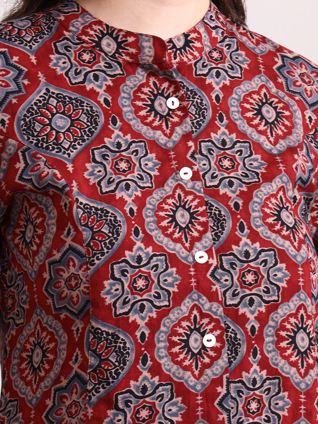Divena Red Mandarin Coller Roll Up Sleeves Viscose Rayon Top