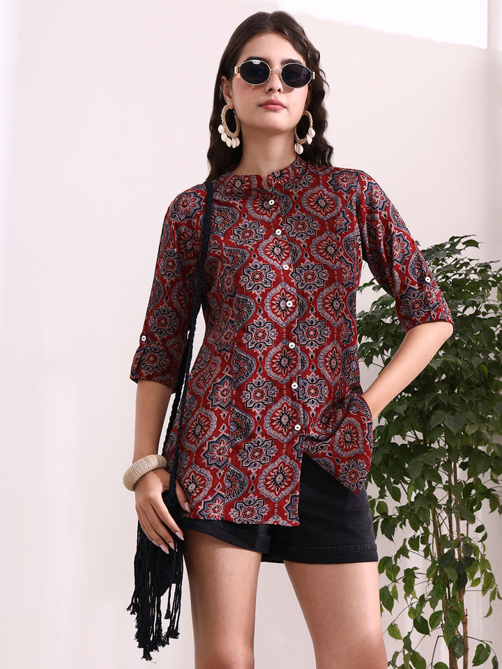 Divena Red Mandarin Coller Roll Up Sleeves Viscose Rayon Top
