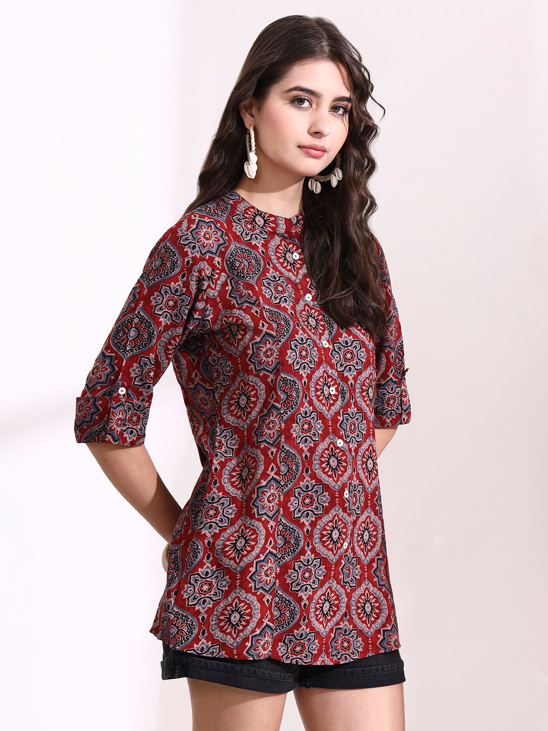 Divena Red Mandarin Coller Roll Up Sleeves Viscose Rayon Top