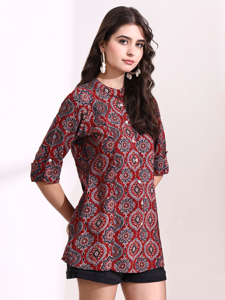 Divena Red Mandarin Coller Roll Up Sleeves Viscose Rayon Top