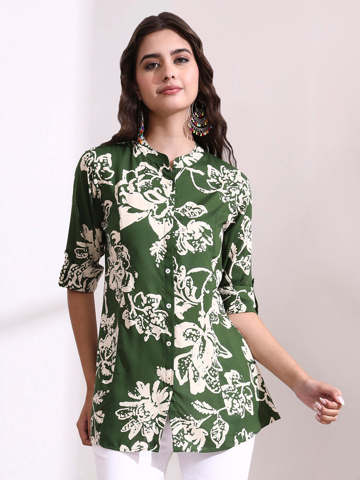 Divena Green Mandarin Coller Roll Up Sleeves Viscose Rayon Top