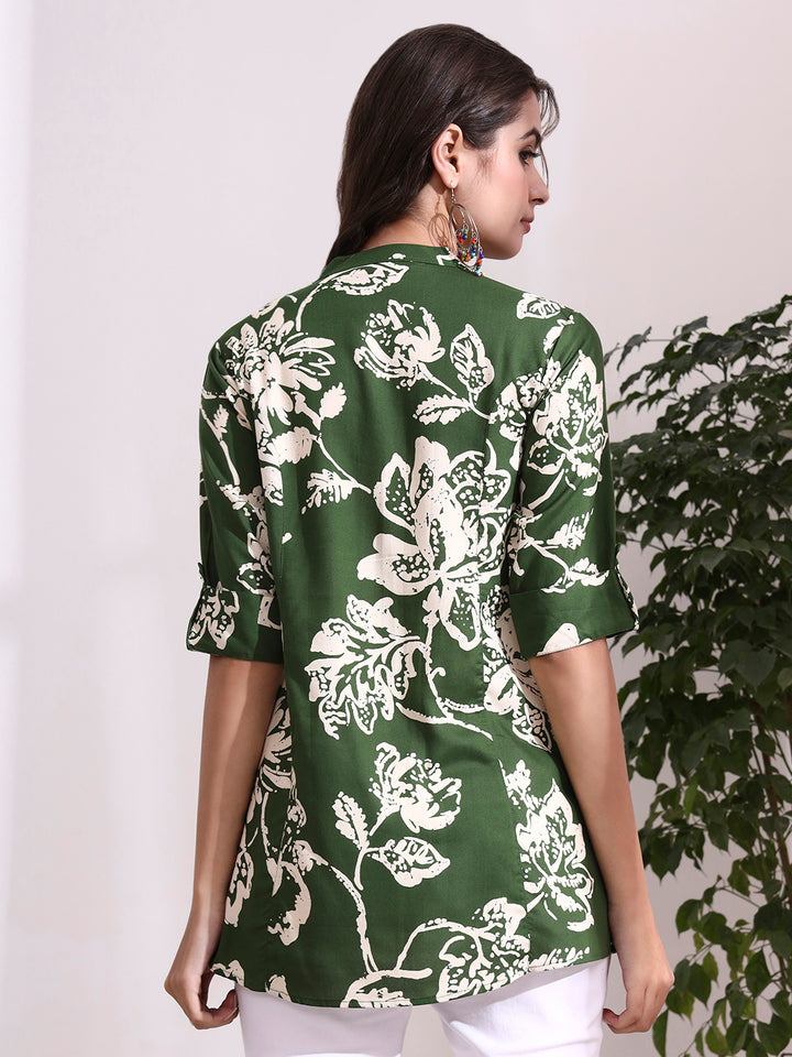 Divena Green Mandarin Coller Roll Up Sleeves Viscose Rayon Top