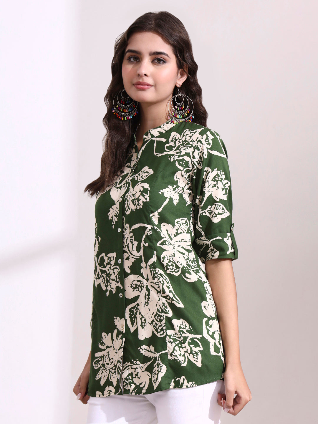 Divena Green Mandarin Coller Roll Up Sleeves Viscose Rayon Top