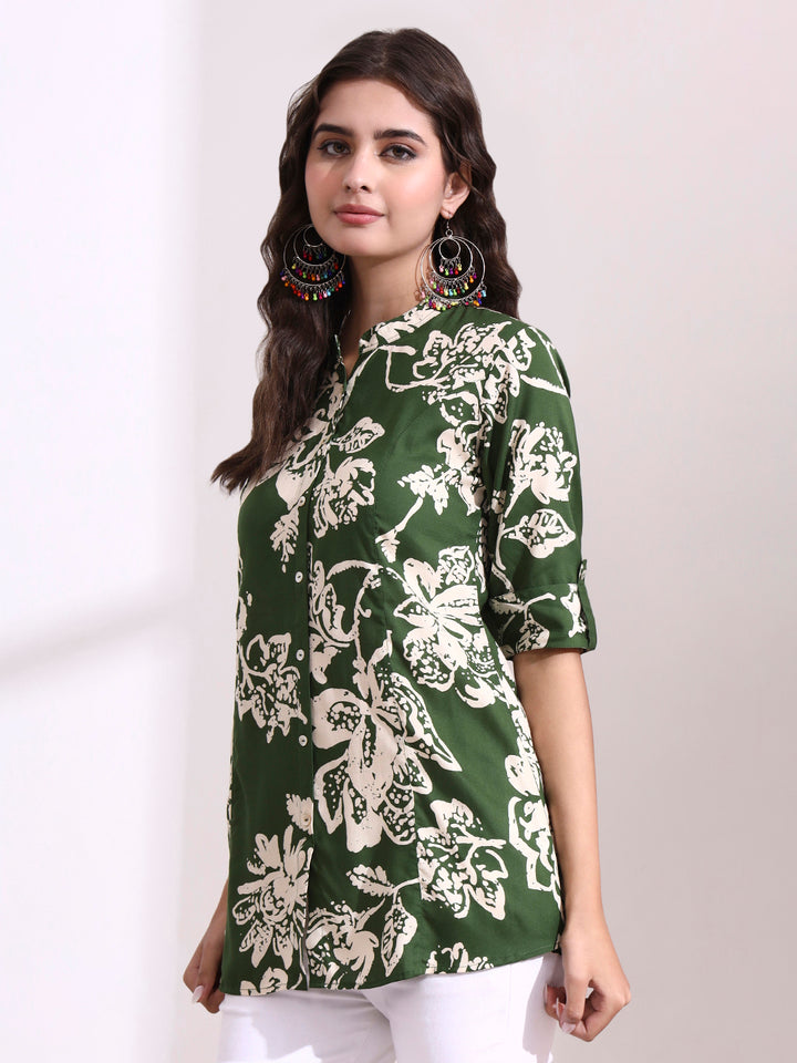 Divena Green Mandarin Coller Roll Up Sleeves Viscose Rayon Top