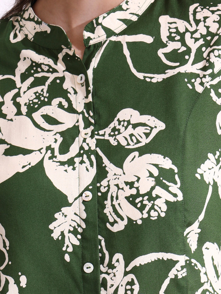 Divena Green Mandarin Coller Roll Up Sleeves Viscose Rayon Top