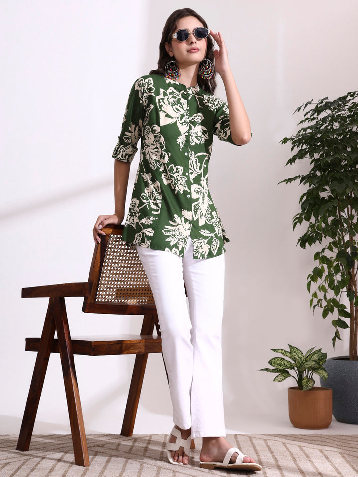 Divena Green Mandarin Coller Roll Up Sleeves Viscose Rayon Top