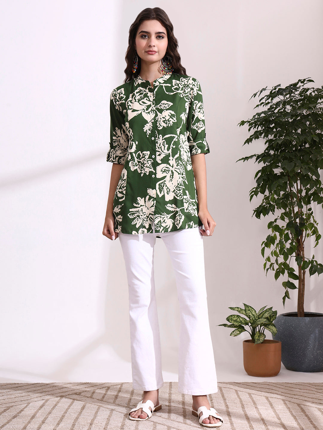 Divena Green Mandarin Coller Roll Up Sleeves Viscose Rayon Top