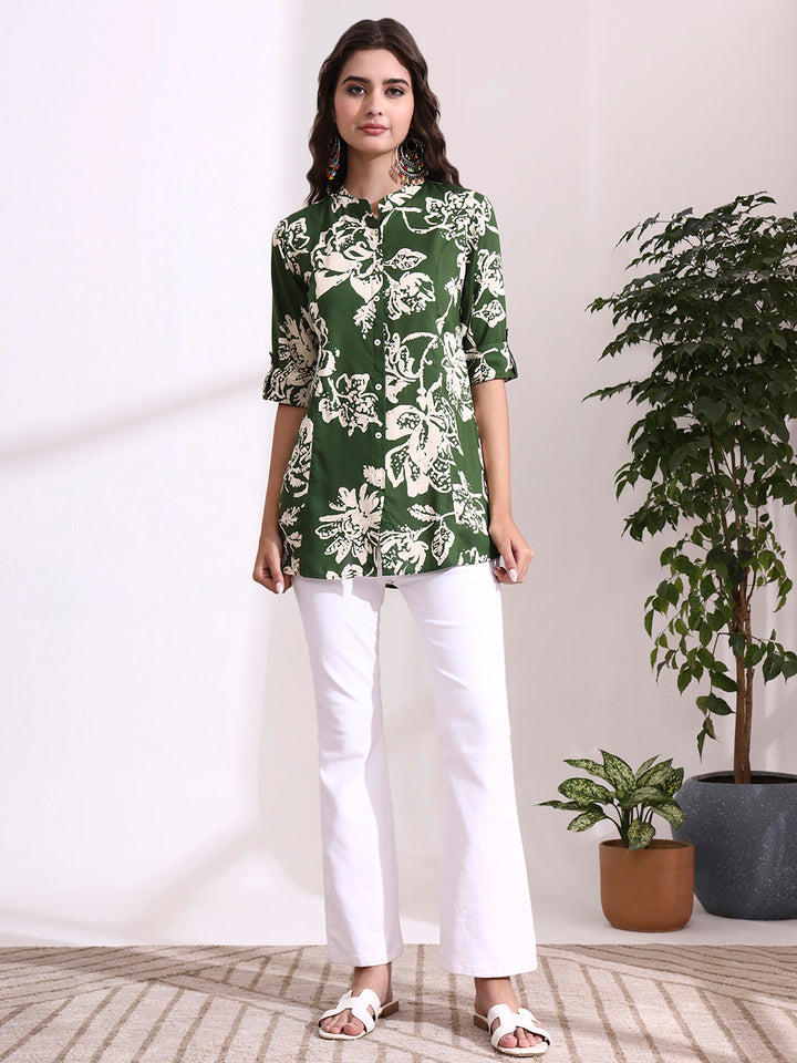 Divena Green Mandarin Coller Roll Up Sleeves Viscose Rayon Top