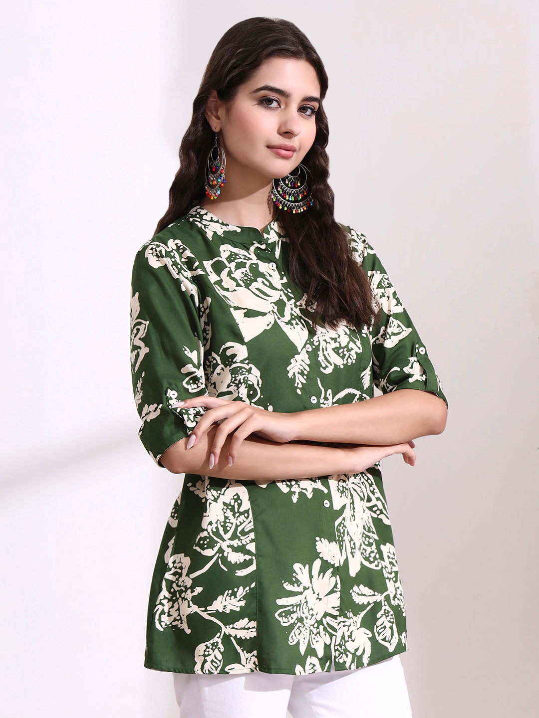 Divena Green Mandarin Coller Roll Up Sleeves Viscose Rayon Top