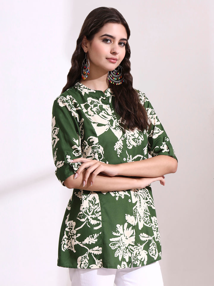 Divena Green Mandarin Coller Roll Up Sleeves Viscose Rayon Top