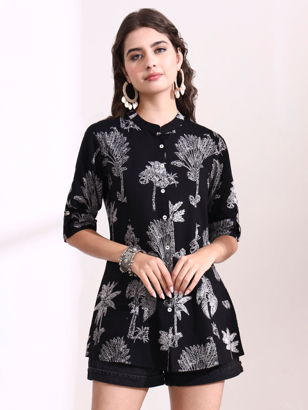 Divena Black Mandarin Coller Roll Up Sleeves Viscose Rayon Top