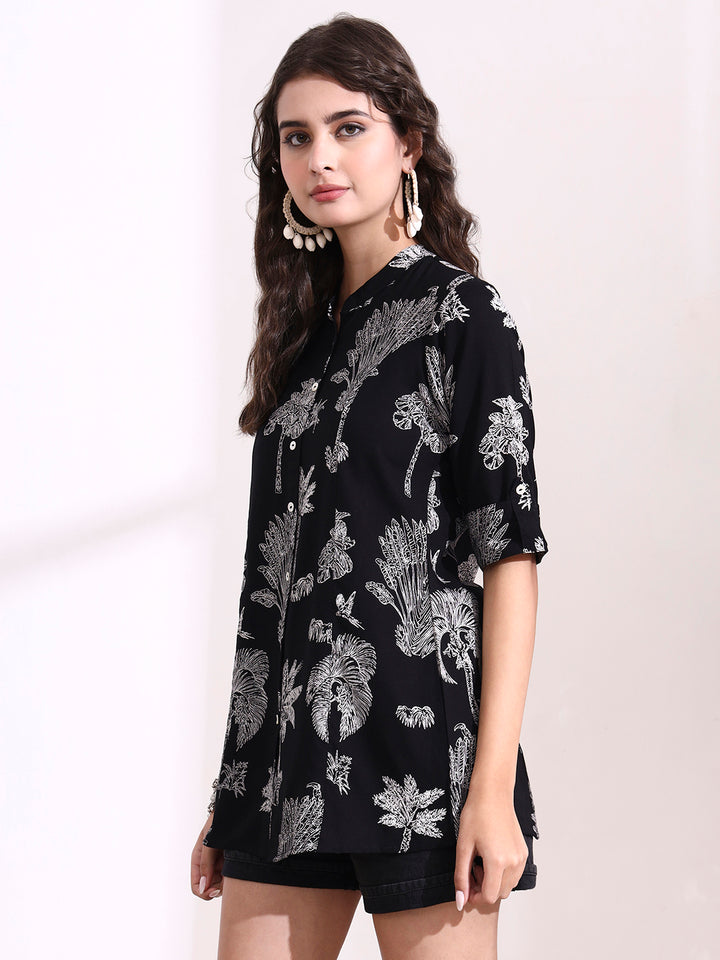 Divena Black Mandarin Coller Roll Up Sleeves Viscose Rayon Top
