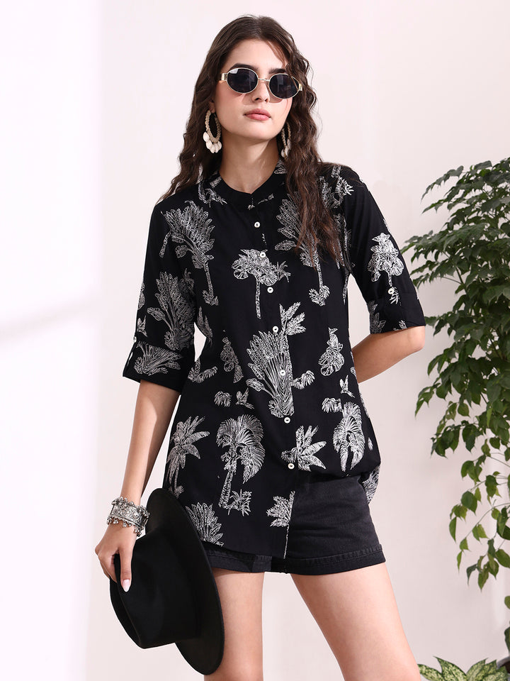 Divena Black Mandarin Coller Roll Up Sleeves Viscose Rayon Top