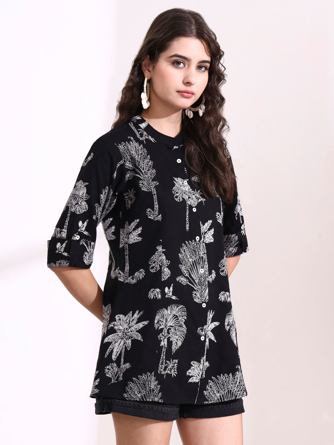 Divena Black Mandarin Coller Roll Up Sleeves Viscose Rayon Top