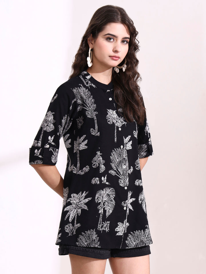 Divena Black Mandarin Coller Roll Up Sleeves Viscose Rayon Top