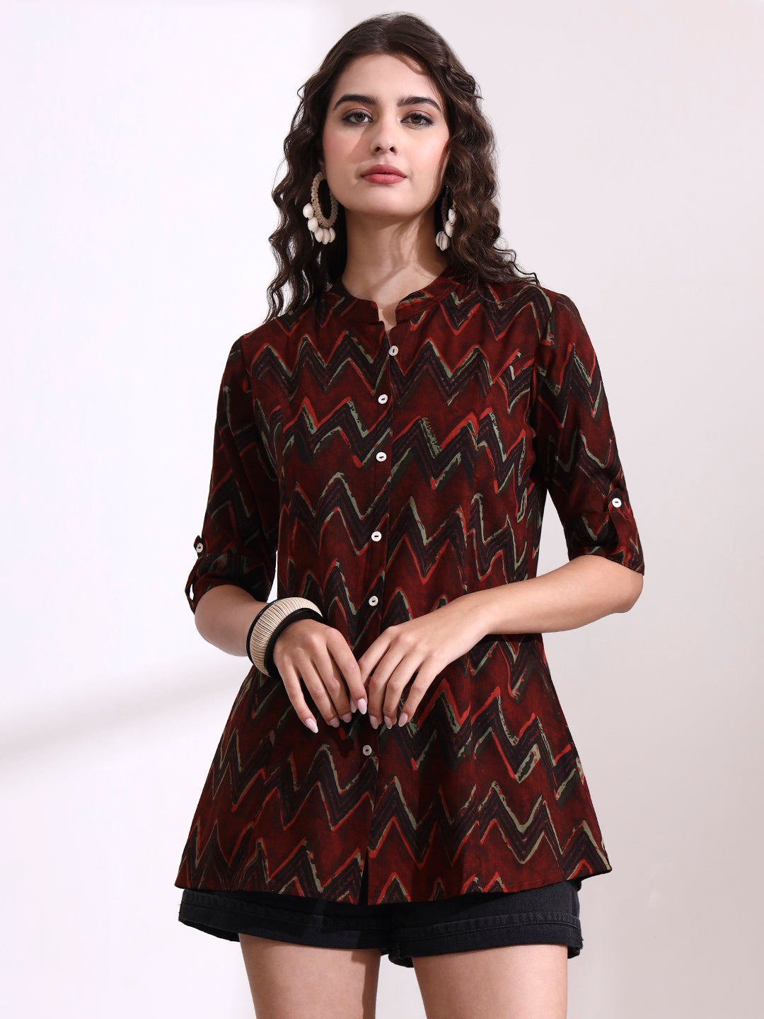 Divena Maroon Mandarin Coller Roll Up Sleeves Viscose Rayon Top