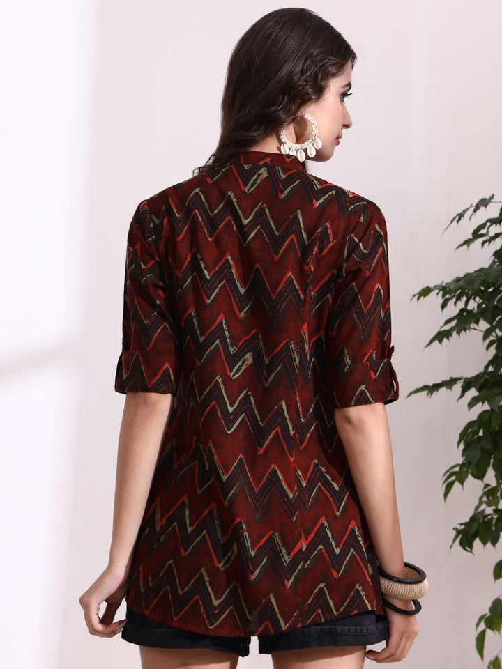 Divena Maroon Mandarin Coller Roll Up Sleeves Viscose Rayon Top