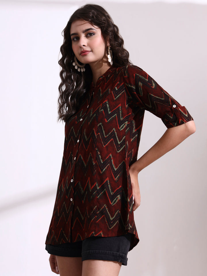 Divena Maroon Mandarin Coller Roll Up Sleeves Viscose Rayon Top
