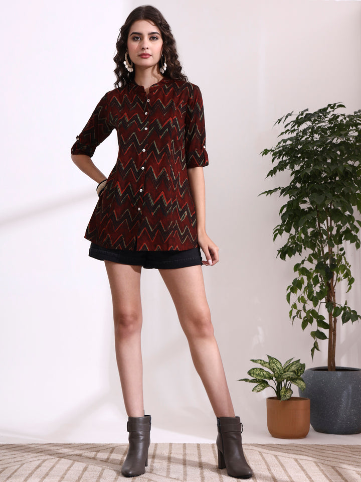 Divena Maroon Mandarin Coller Roll Up Sleeves Viscose Rayon Top