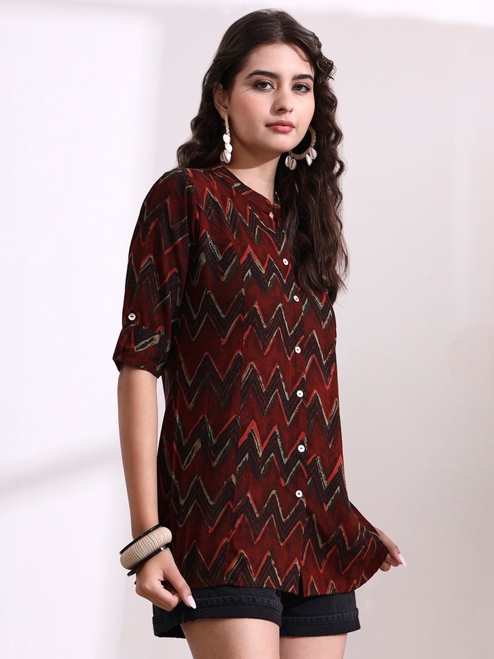Divena Maroon Mandarin Coller Roll Up Sleeves Viscose Rayon Top