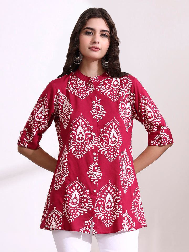 Divena Pink Mandarin Coller Roll Up Sleeves Viscose Rayon Top