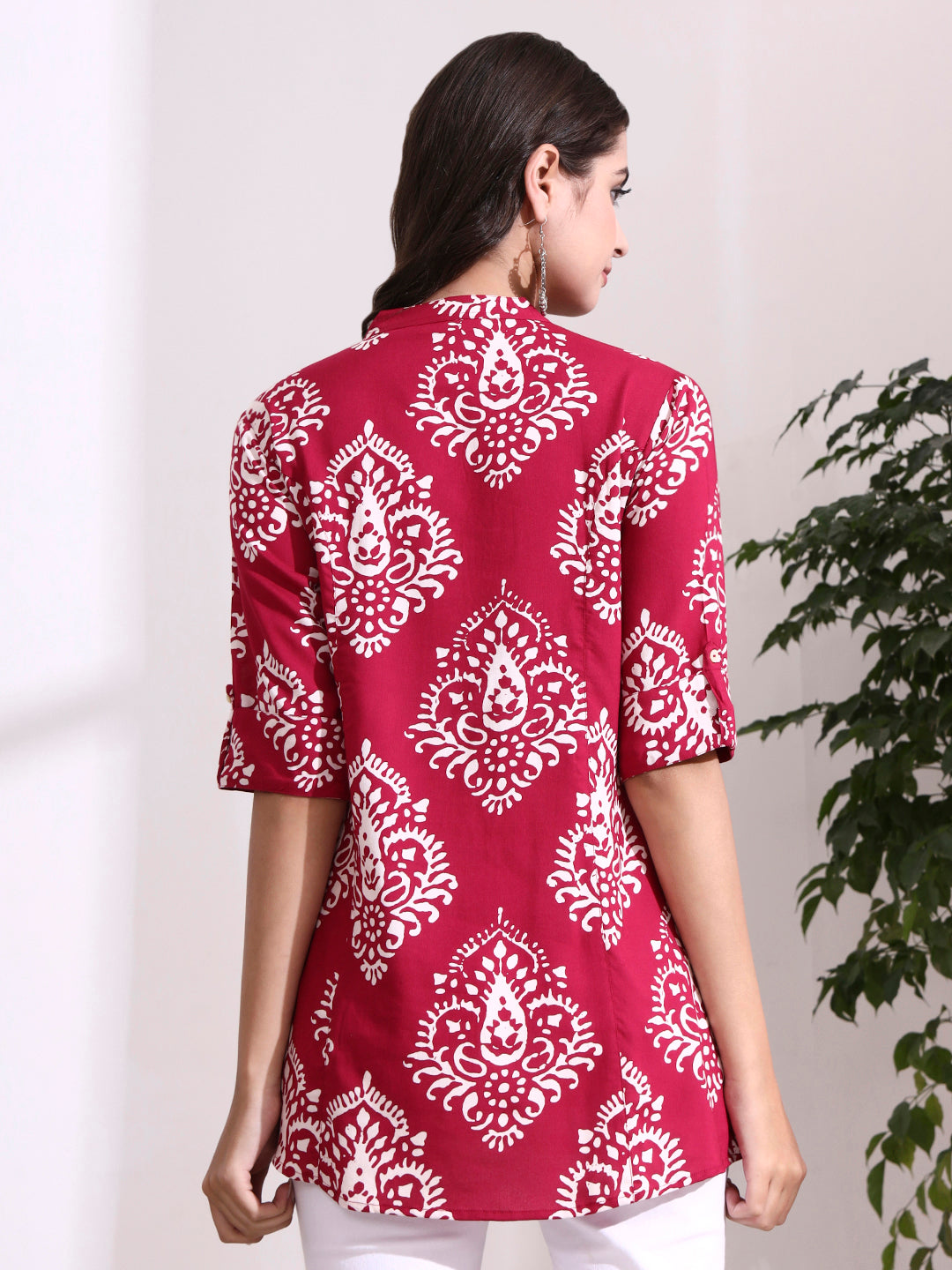 Divena Pink Mandarin Coller Roll Up Sleeves Viscose Rayon Top
