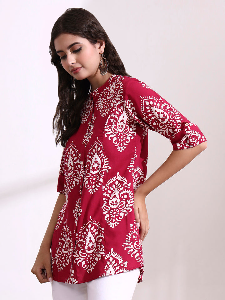 Divena Pink Mandarin Coller Roll Up Sleeves Viscose Rayon Top
