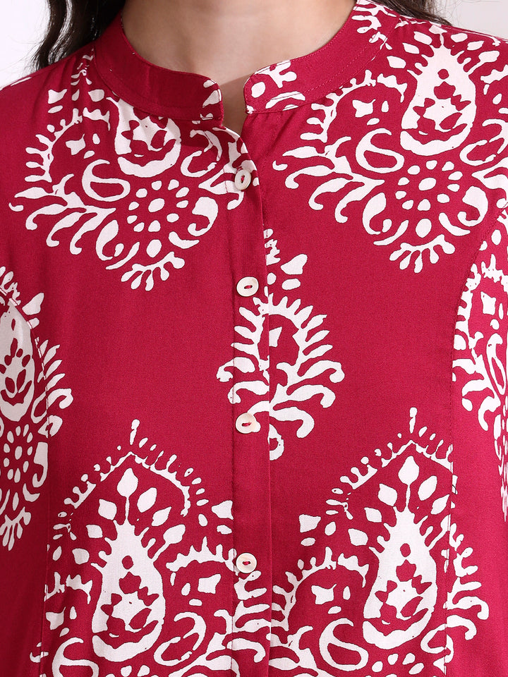 Divena Pink Mandarin Coller Roll Up Sleeves Viscose Rayon Top