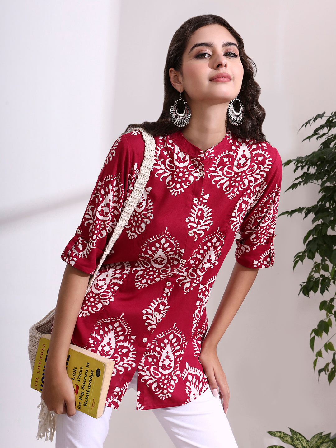 Divena Pink Mandarin Coller Roll Up Sleeves Viscose Rayon Top