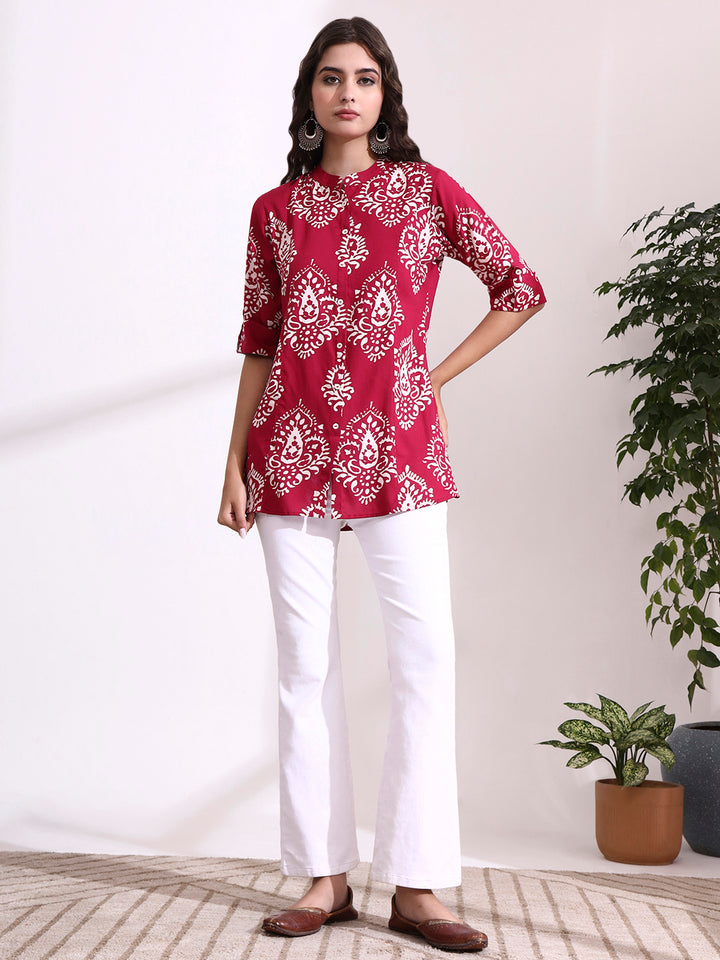 Divena Pink Mandarin Coller Roll Up Sleeves Viscose Rayon Top