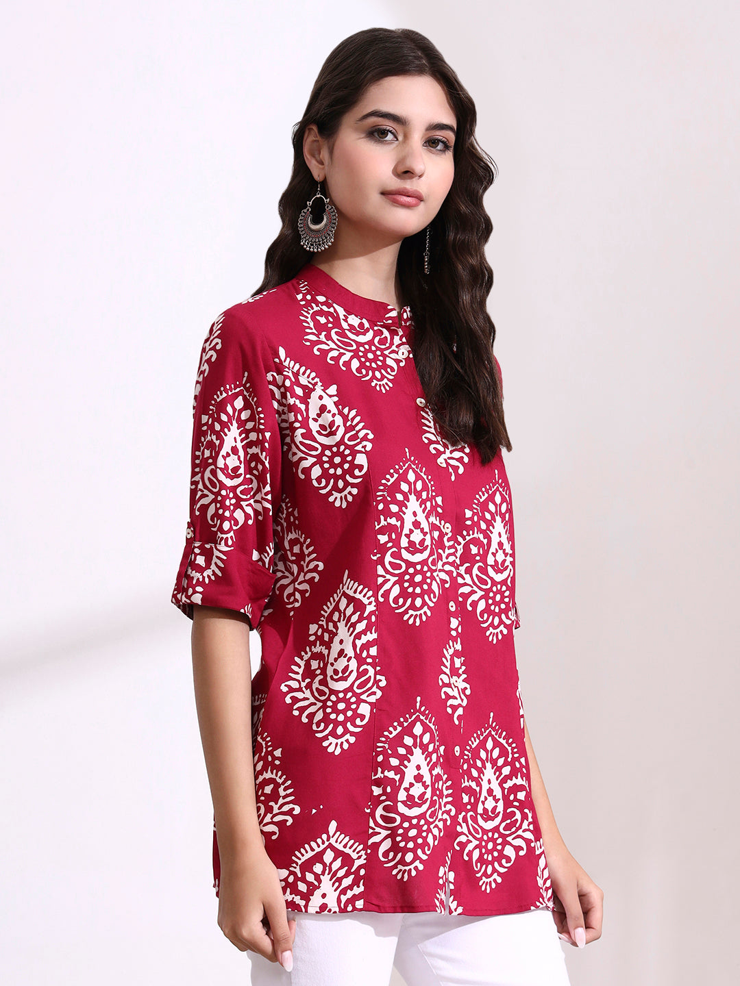 Divena Pink Mandarin Coller Roll Up Sleeves Viscose Rayon Top
