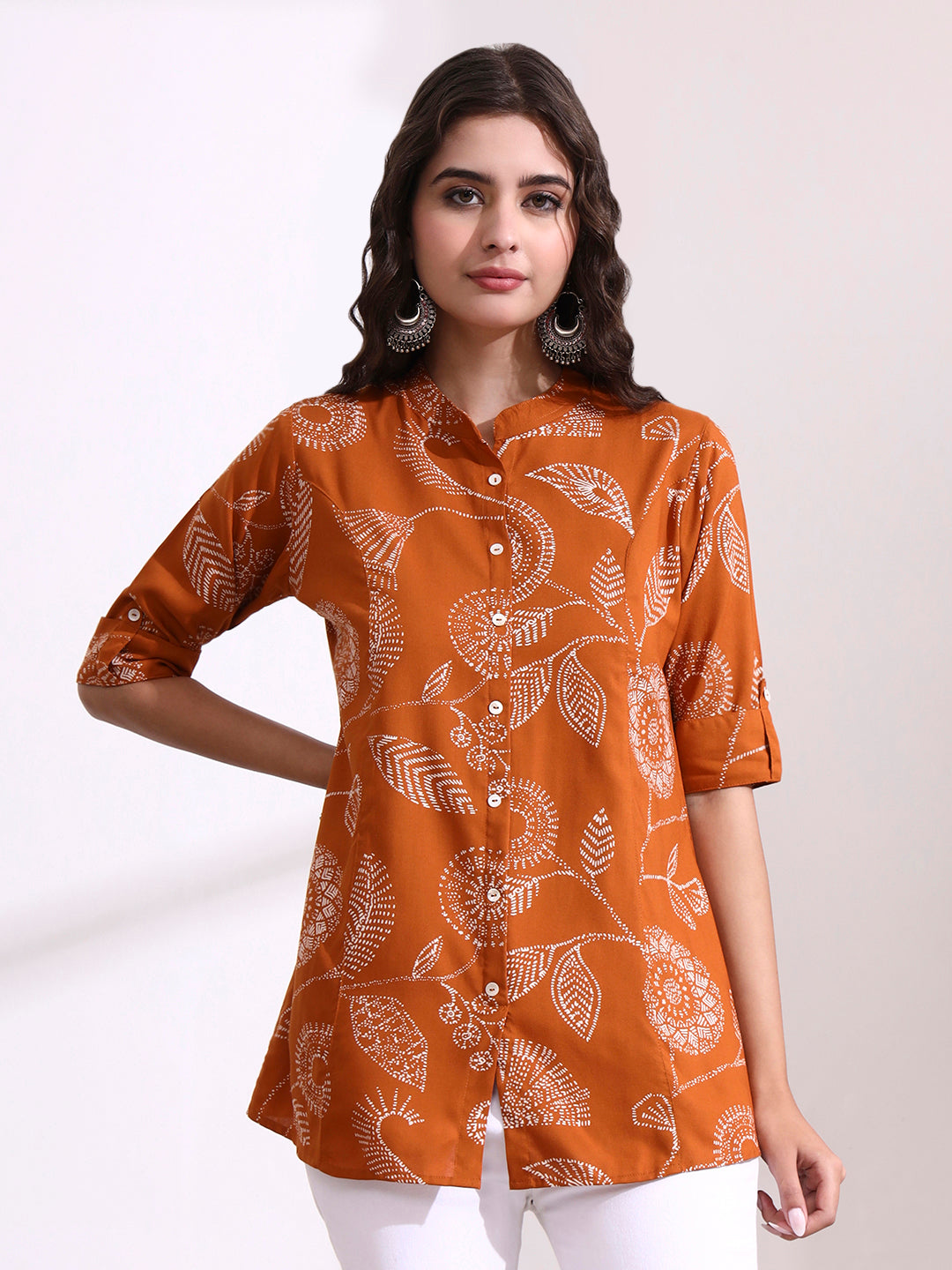 Divena Brown Mandarin Coller Roll Up Sleeves Viscose Rayon Top