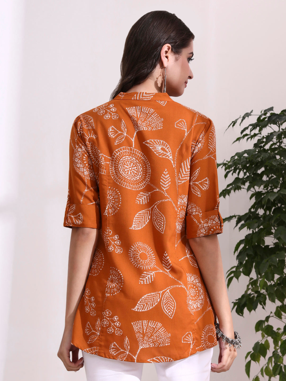 Divena Brown Mandarin Coller Roll Up Sleeves Viscose Rayon Top