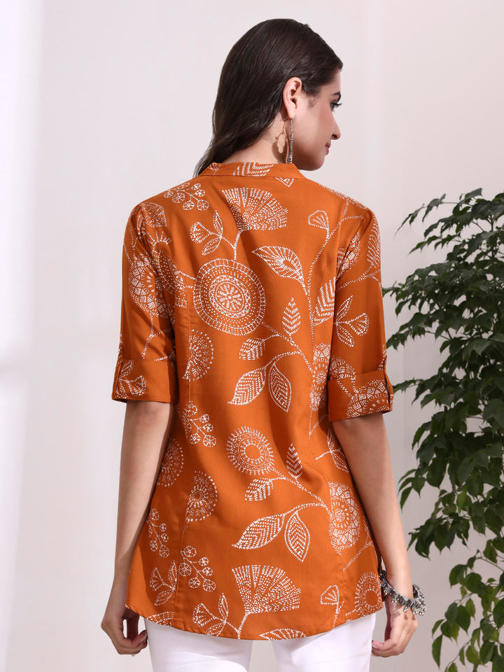 Divena Brown Mandarin Coller Roll Up Sleeves Viscose Rayon Top