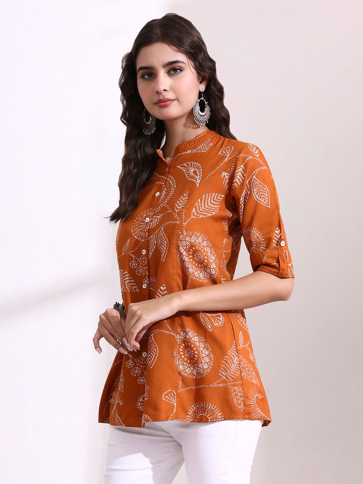 Divena Brown Mandarin Coller Roll Up Sleeves Viscose Rayon Top