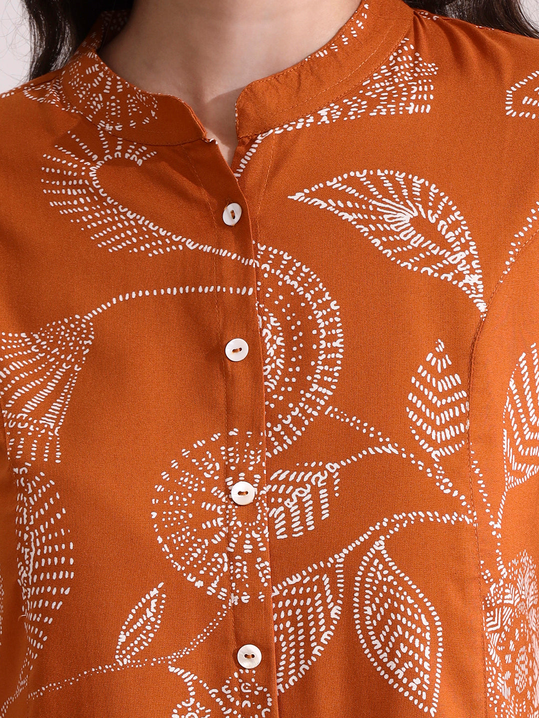 Divena Brown Mandarin Coller Roll Up Sleeves Viscose Rayon Top