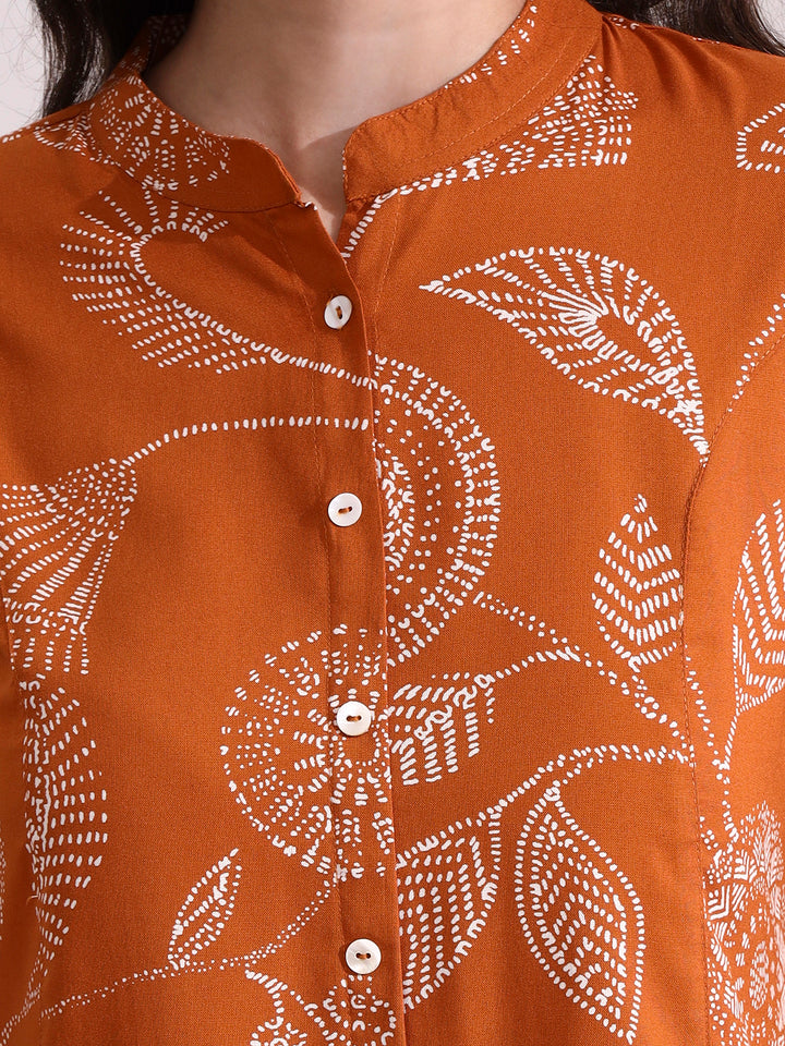 Divena Brown Mandarin Coller Roll Up Sleeves Viscose Rayon Top
