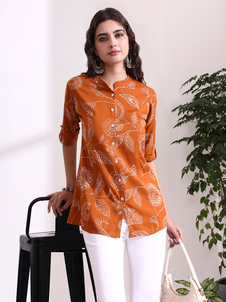 Divena Brown Mandarin Coller Roll Up Sleeves Viscose Rayon Top